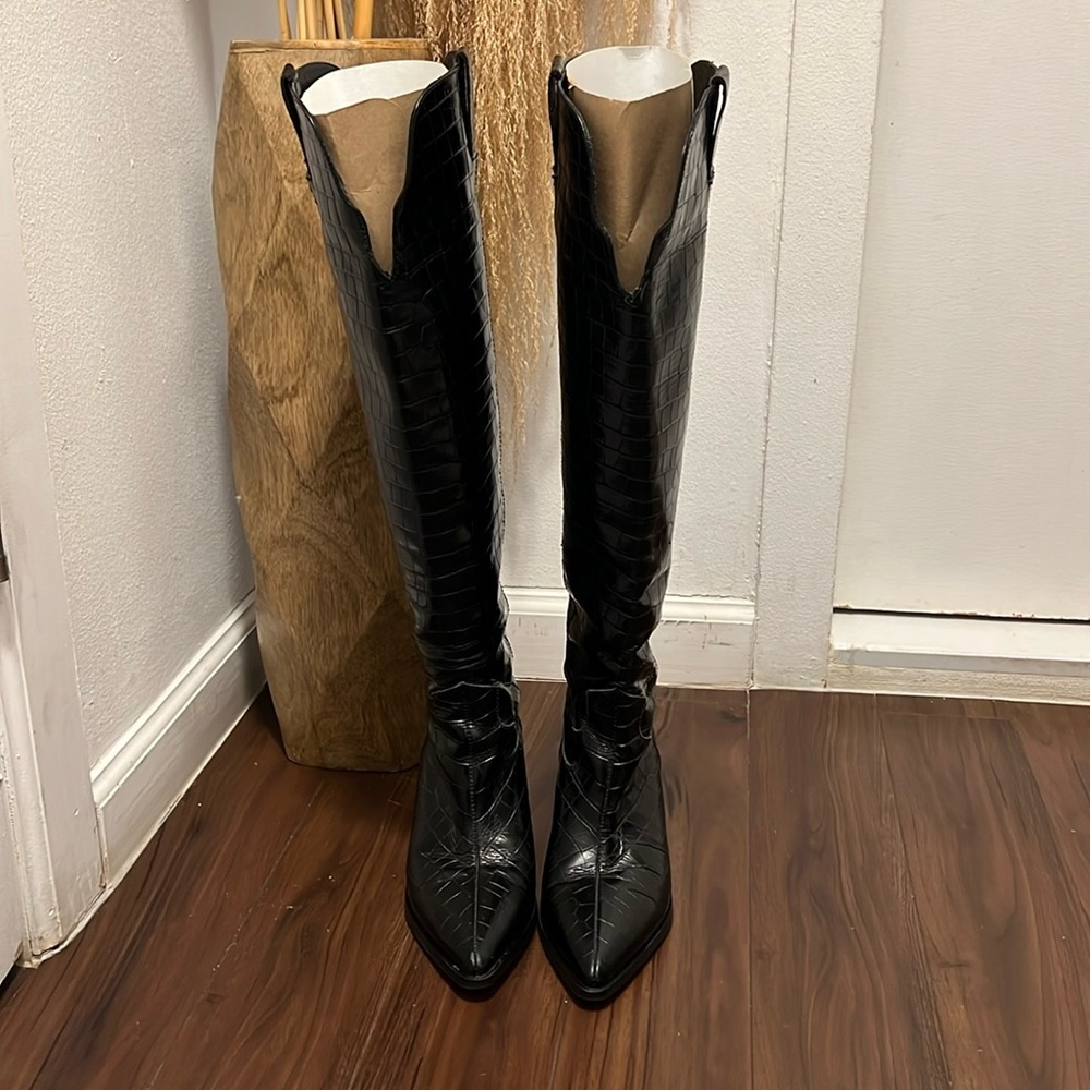 & Other Stories Patent Croc embossed Knee High Boots
